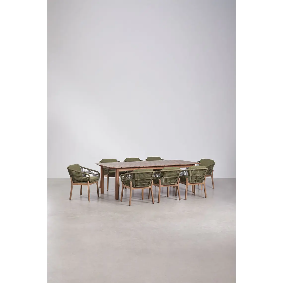 Set de mesa rectangular 250-310x105 cm extensible y 8 sillas de jardín en madera de acacia y cuerda trenzada Ilanira 4