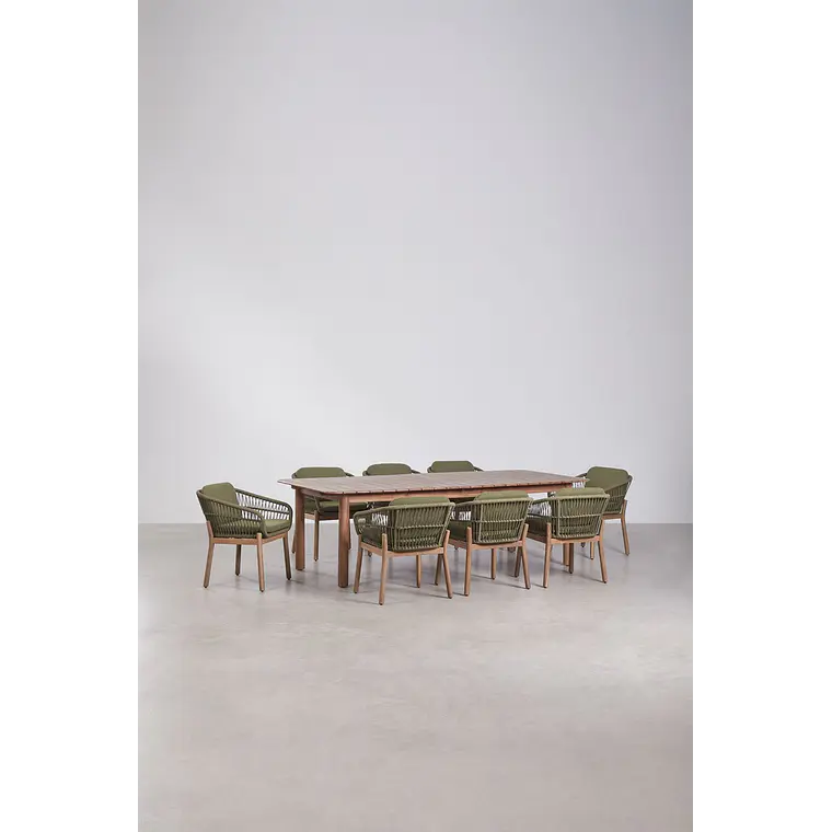 Set de mesa rectangular 250-310x105 cm extensible y 8 sillas de jardín en madera de acacia y cuerda trenzada Ilanira 4