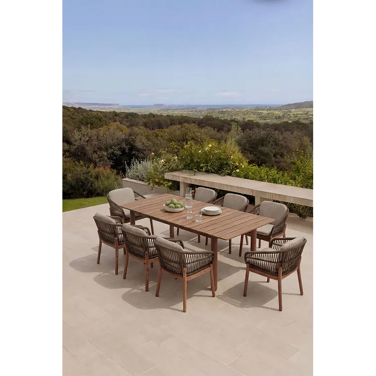 Set de mesa rectangular 250-310x105 cm extensible y 8 sillas de jardín en madera de acacia y cuerda trenzada Ilanira 13