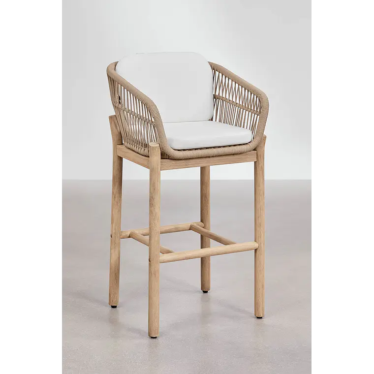 Taburete alto de jardín en madera de acacia y cuerda trenzada Kalora 4