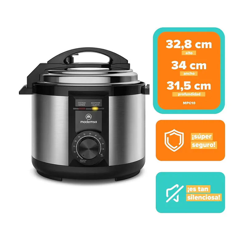 Olla Eléctrica Multicocción Mademsa 5L con Temporizador MPC10 Acero Inoxidable 2