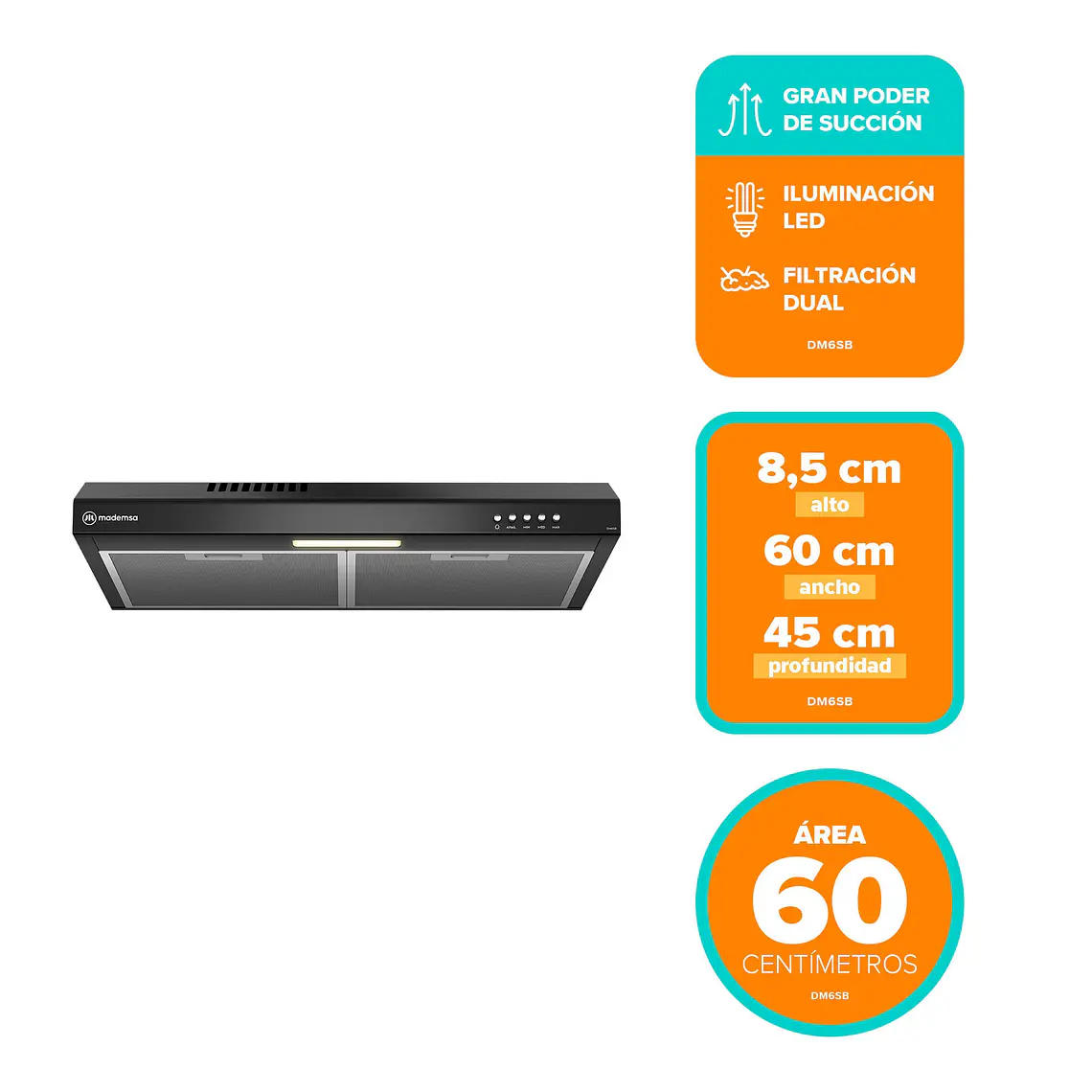 Campana de Cocina Extractora Mademsa 60cm Gran Poder de Succión y Filtración dual DM6SB Negra 2