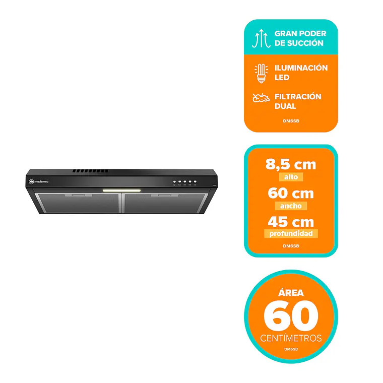 Campana de Cocina Extractora Mademsa 60cm Gran Poder de Succión y Filtración dual DM6SB Negra 2