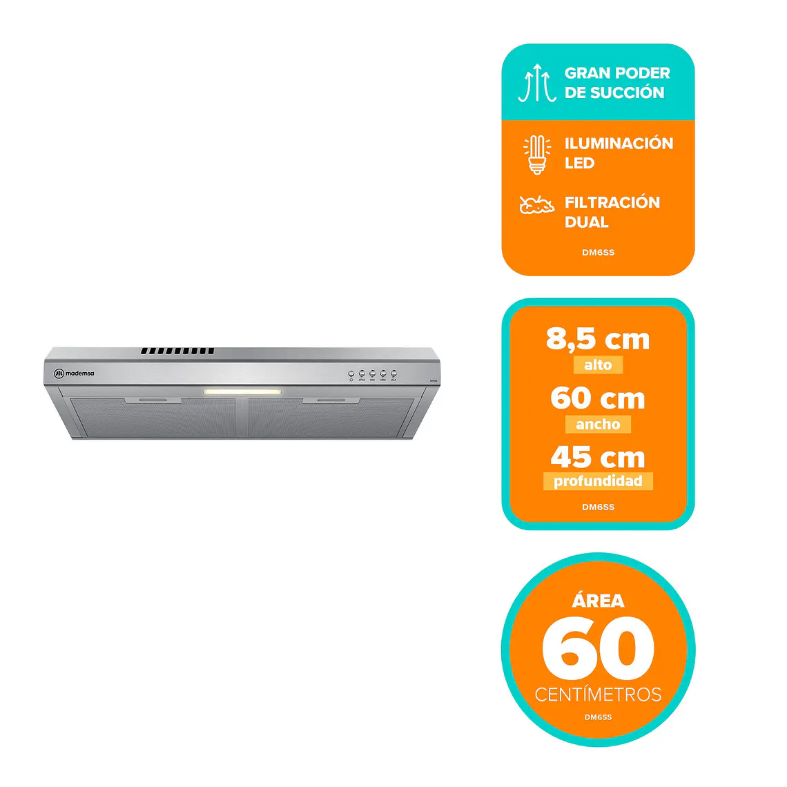 Campana de Cocina Extractora Mademsa 60cm Gran Poder de Succión y Filtración dual DM6SS Inox 2