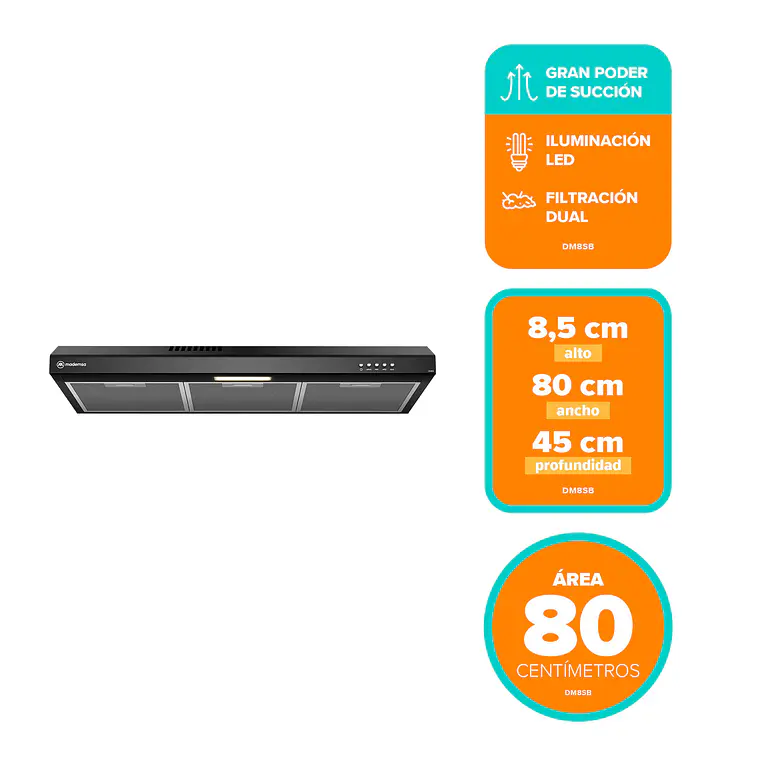 Campana de Cocina Extractora Mademsa 80cm Gran Poder de Succión y 3 Velocidades DM8SB Negra 2