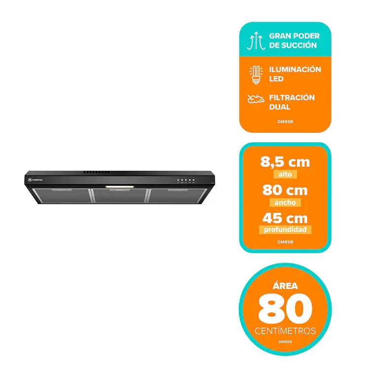 Campana de Cocina Extractora Mademsa 80cm Gran Poder de Succión y 3 Velocidades DM8SB Negra 14