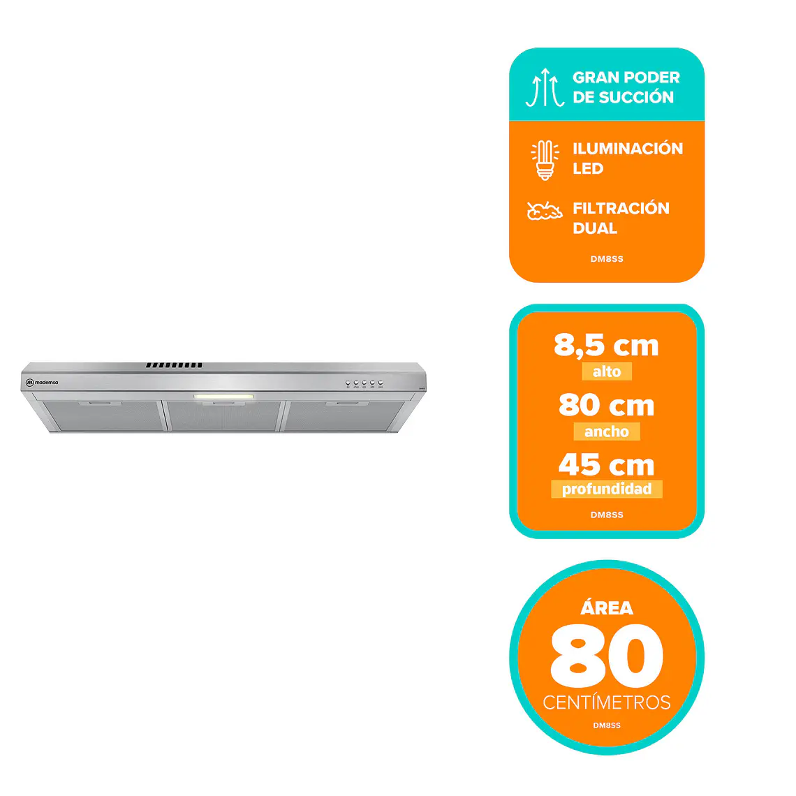 Campana de Cocina Extractora Mademsa 80cm Gran Poder de Succión y Filtración dual DM8SS Inox 2