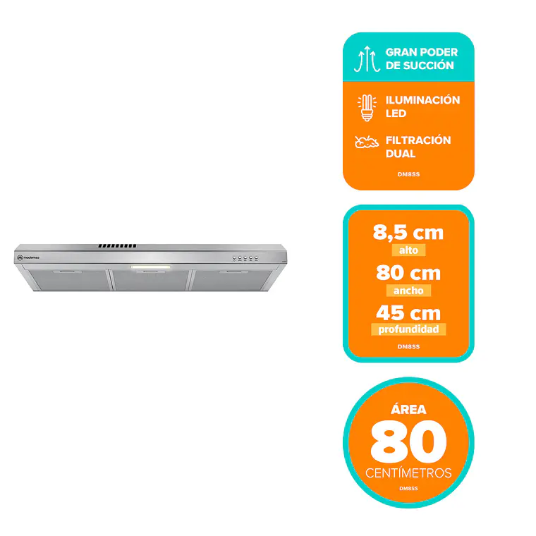 Campana de Cocina Extractora Mademsa 80cm Gran Poder de Succión y Filtración dual DM8SS Inox 2