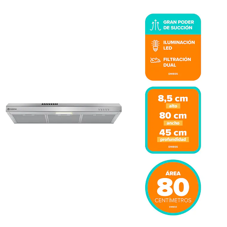 Campana de Cocina Extractora Mademsa 80cm Gran Poder de Succión y Filtración dual DM8SS Inox 14