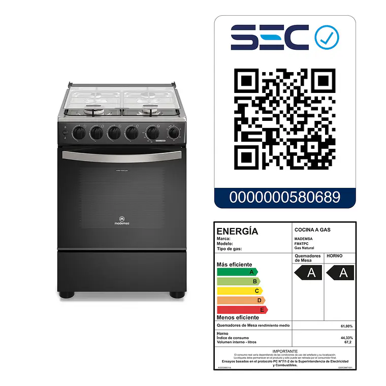 Cocina a Gas 4 Platos Mademsa Horno a Vapor y Temporizador FM4TPC Negra 10