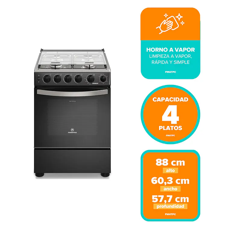 Cocina a Gas 4 Platos Mademsa Horno a Vapor y Temporizador FM4TPC Negra 14