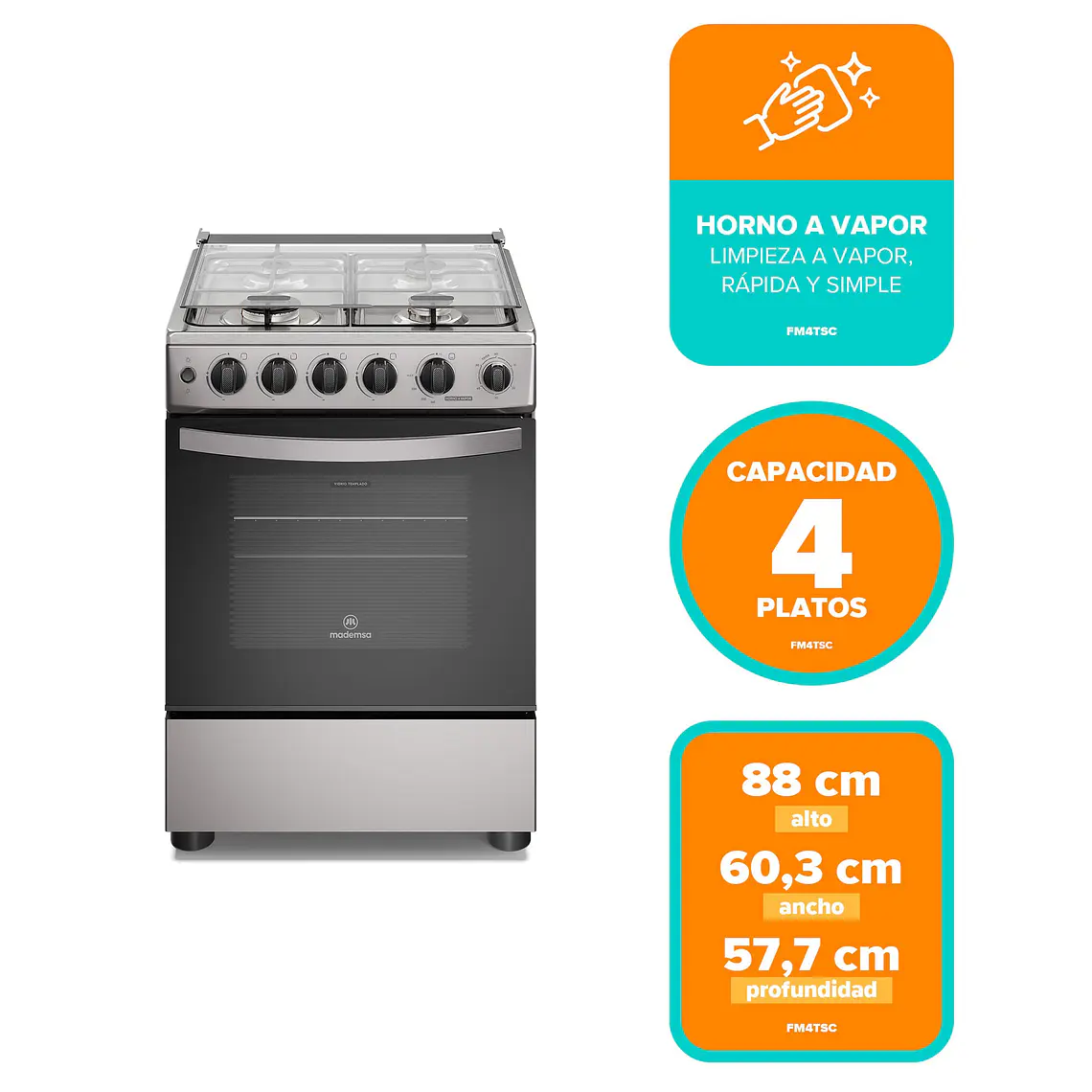 Cocina a Gas 4 platos Mademsa Horno a Vapor y Temporizador FM4TSC Silver 13