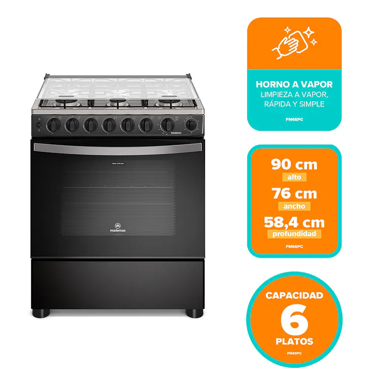 Cocina a Gas 6 Platos Mademsa Horno a Vapor y Parrillas Pletina FM6SPC Negra 2
