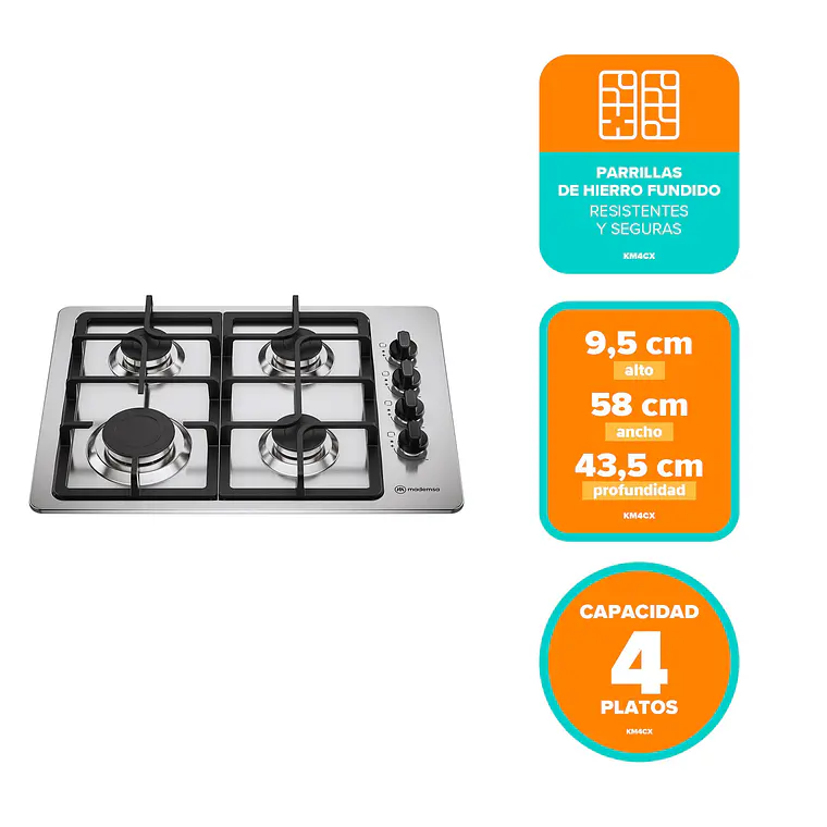 Encimera a Gas 4 Platos Mademsa Encendido Automático y Parrillas Hierro Fundido KM4CX Inox 2