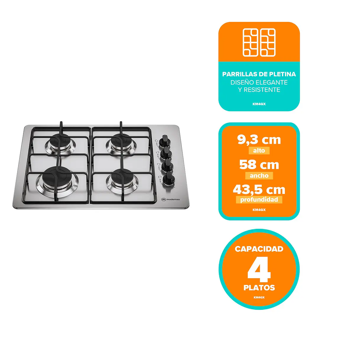 Encimera a Gas 4 Platos Mademsa Encendido Automático y Parrillas Pletina KM4GX Inox 2