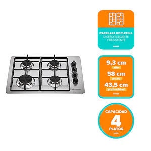Encimera a Gas 4 Platos Mademsa Encendido Automático y Parrillas Pletina KM4GX Inox