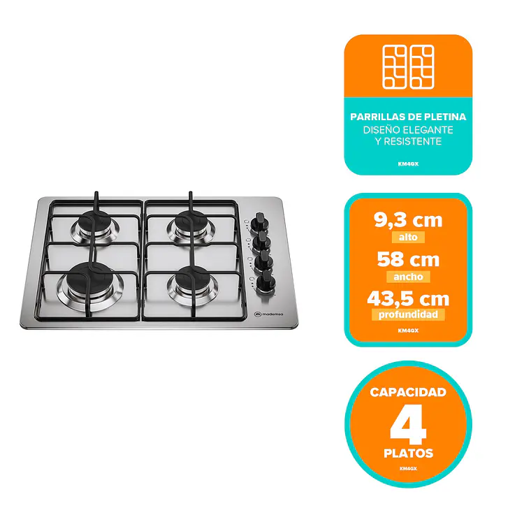Encimera a Gas 4 Platos Mademsa Encendido Automático y Parrillas Pletina KM4GX Inox 2