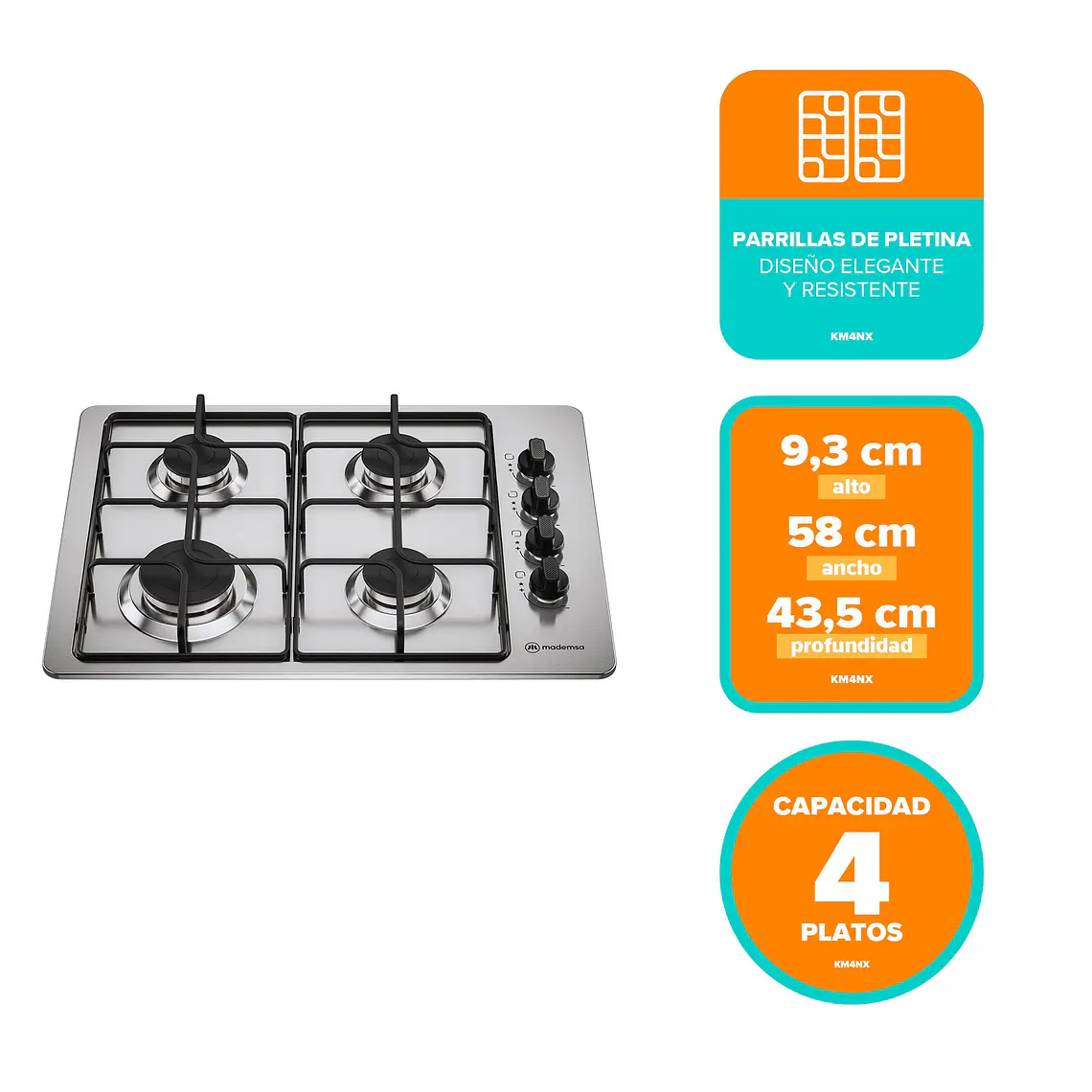 Encimera a Gas 4 Platos Mademsa Encendido Automático y Parrillas Pletina KM4NX Inox 2