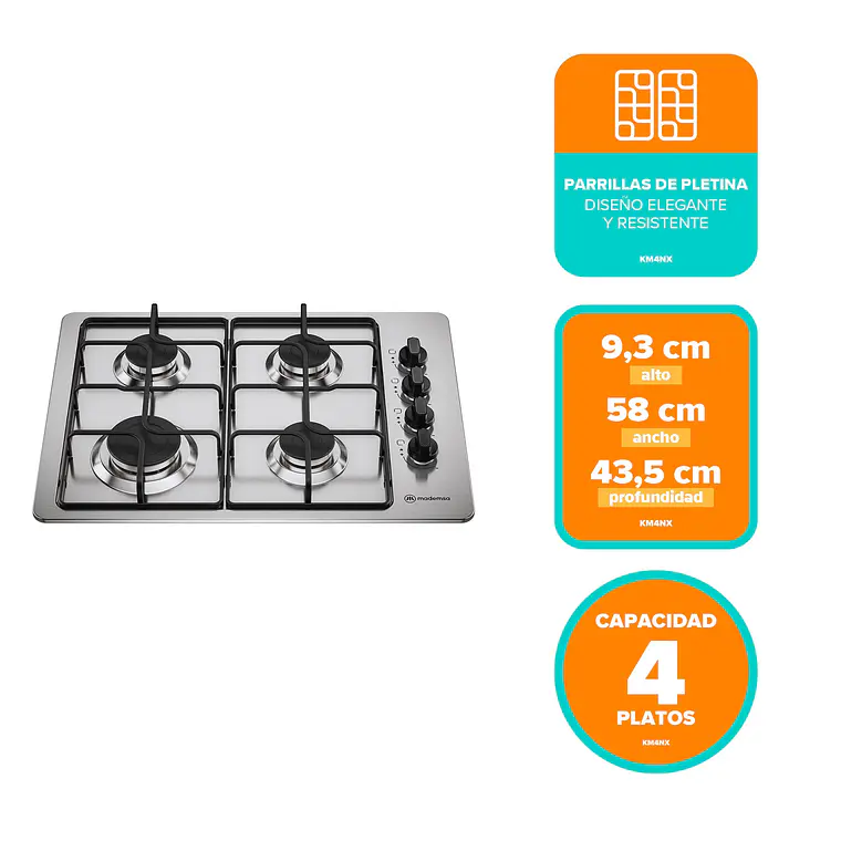 Encimera a Gas 4 Platos Mademsa Encendido Automático y Parrillas Pletina KM4NX Inox 2