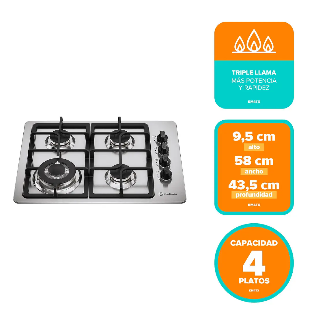 Encimera a Gas 4 Platos Mademsa Triple Llama y Parrillas Hierro Fundido KM4TX Inox 2