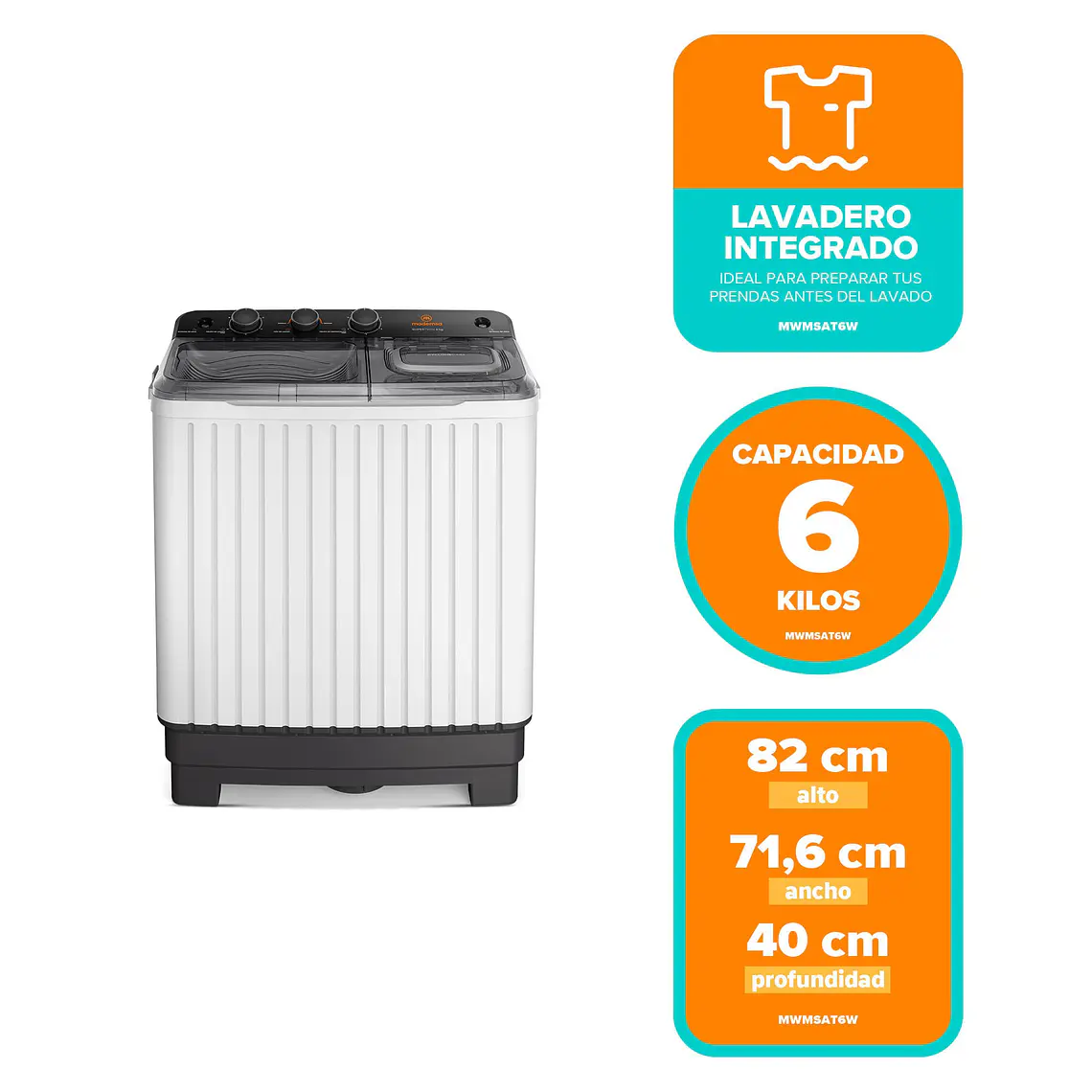 Lavadora Semi Automática Mademsa 6kg Carga Superior Doble Tina MWMSAT6W Blanca 2