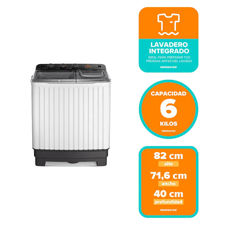 Lavadora Semi Automática Mademsa 6kg Carga Superior Doble Tina MWMSAT6W Blanca 2
