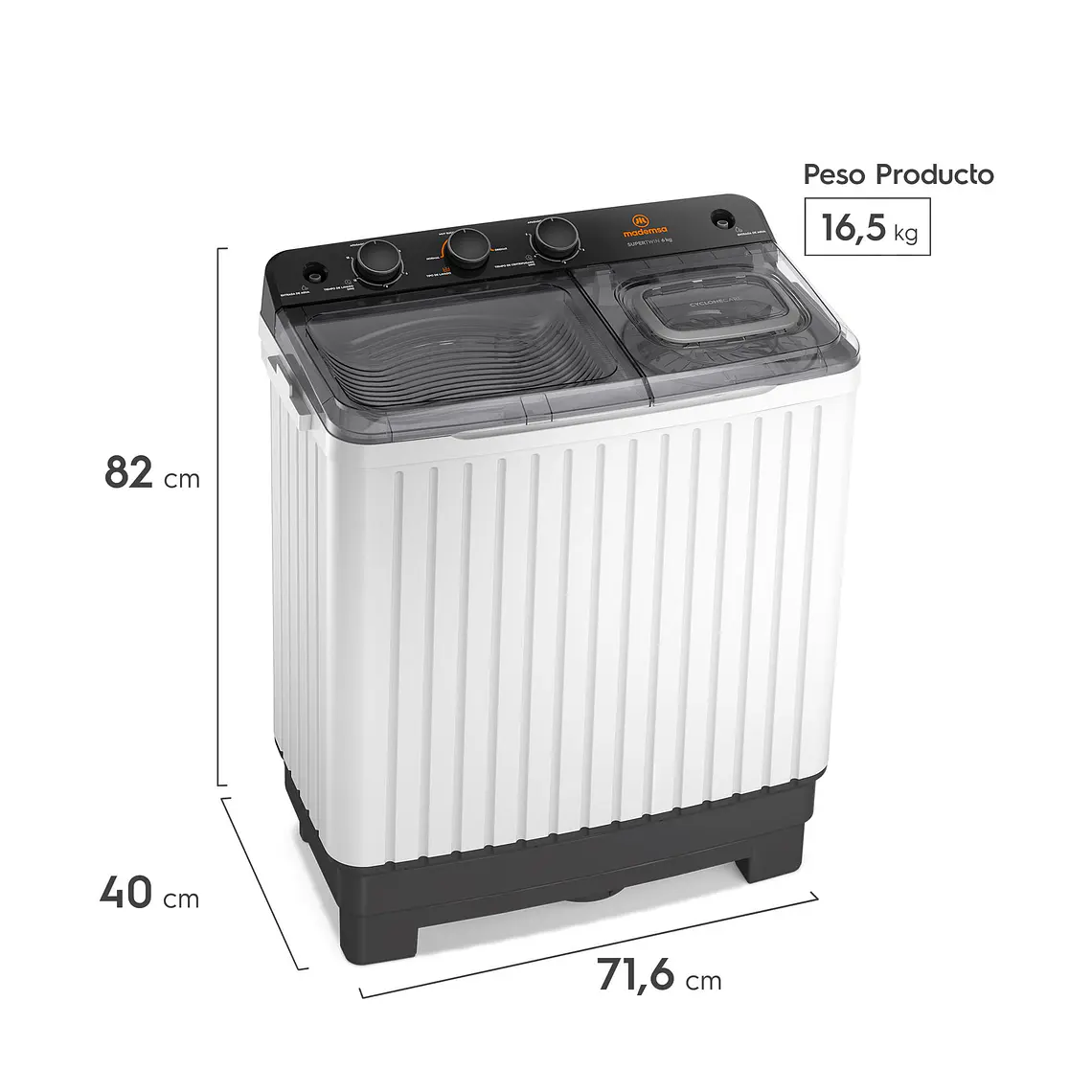 Lavadora Semi Automática Mademsa 6kg Carga Superior Doble Tina MWMSAT6W Blanca 3