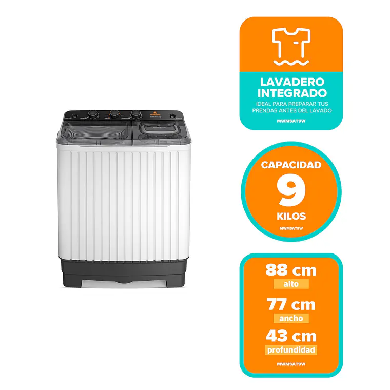 Lavadora Semi Automática Mademsa 9Kg Carga Superior Doble Tina MWMSAT9W Blanca 2