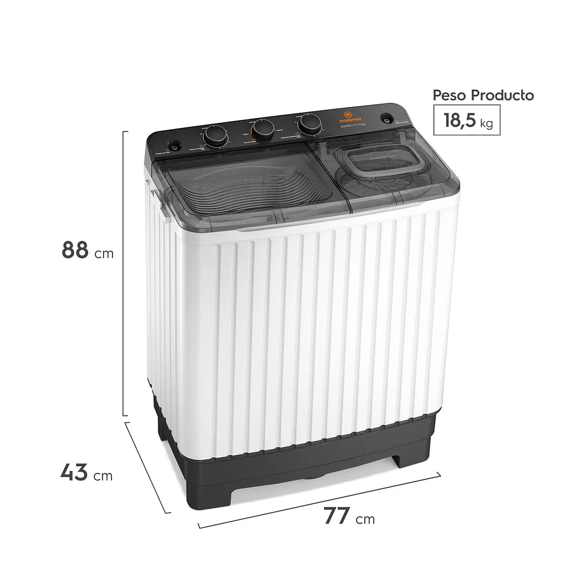 Lavadora Semi Automática Mademsa 9Kg Carga Superior Doble Tina MWMSAT9W Blanca 3