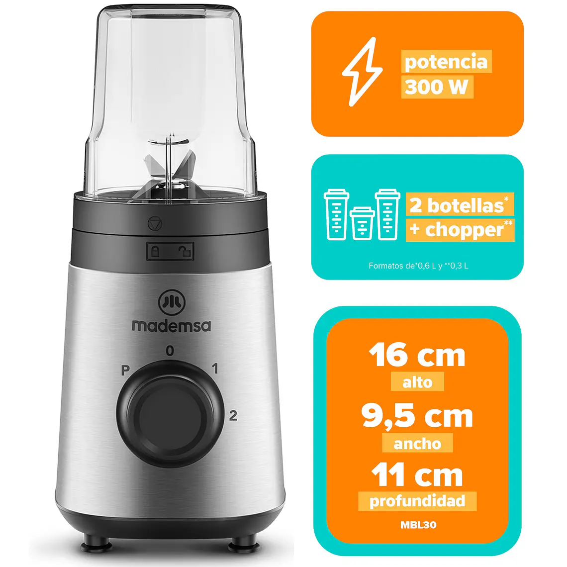 Licuadora Portátil Mademsa con 2 velocidades y botellas 300W MBL30 Acero Inoxidable 2