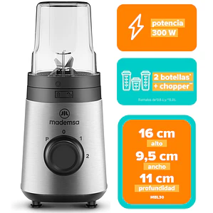 Licuadora Portátil Mademsa con 2 velocidades y botellas 300W MBL30 Acero Inoxidable