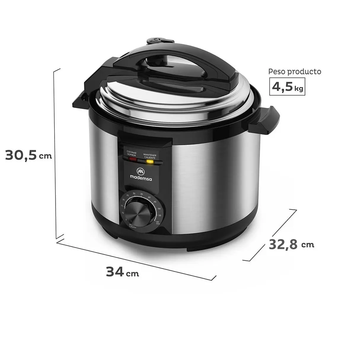 Olla Eléctrica Multicocción Mademsa 5L con Temporizador MPC10 Acero Inoxidable 25