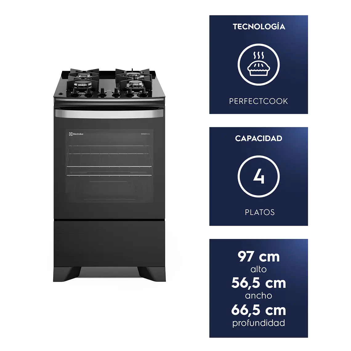 Cocina a Gas 4 Platos Electrolux Parrillas Hierro Fundido y PerfectCook F4EPB Negra 2