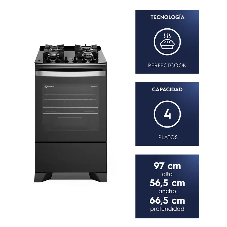 Cocina a Gas 4 Platos Electrolux Parrillas Hierro Fundido y PerfectCook F4EPB Negra 2