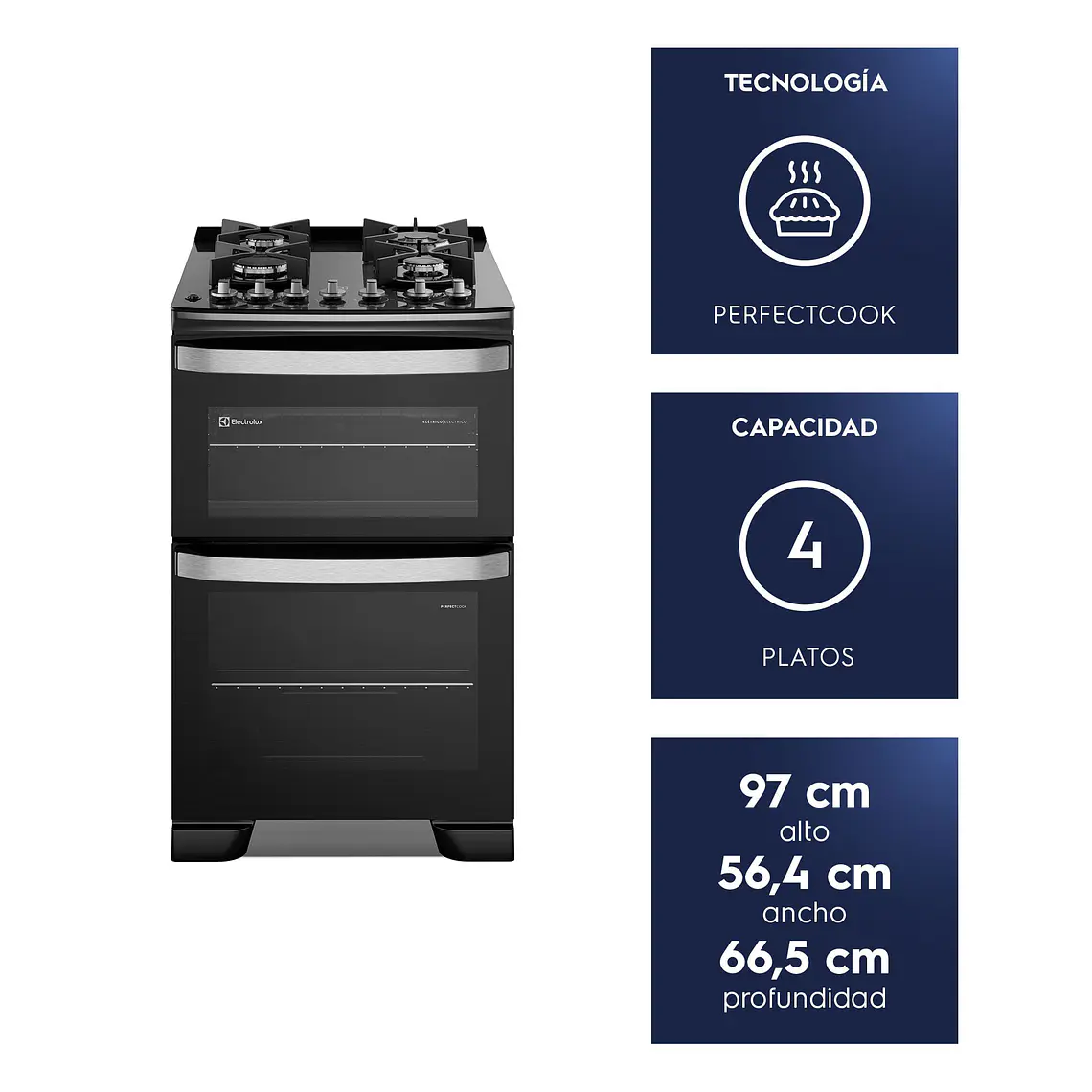 Cocina a Gas 4 Platos Electrolux Doble Horno, PerfectCook y Parrillas Hierro Fundido F4EDB Negra 2