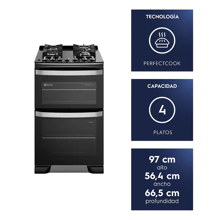 Cocina a Gas 4 Platos Electrolux Doble Horno, PerfectCook y Parrillas Hierro Fundido F4EDB Negra 2
