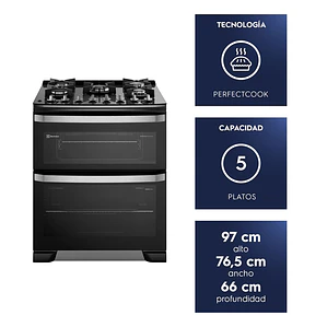 Cocina a Gas 5 Platos Electrolux Doble Horno, PerfectCook y Parrillas Hierro Fundido F5EDB Negra