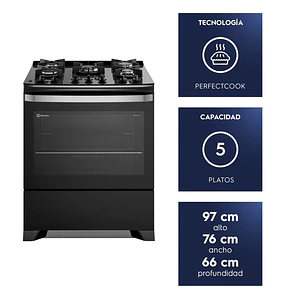 Cocina a Gas 5 Platos Electrolux Experience PerfectCook y Parrillas Hierro Fundido F5EPB Negra