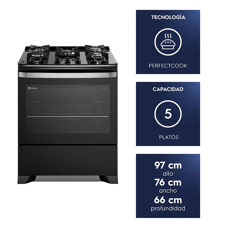 Cocina a Gas 5 Platos Electrolux Experience PerfectCook y Parrillas Hierro Fundido F5EPB Negra 2
