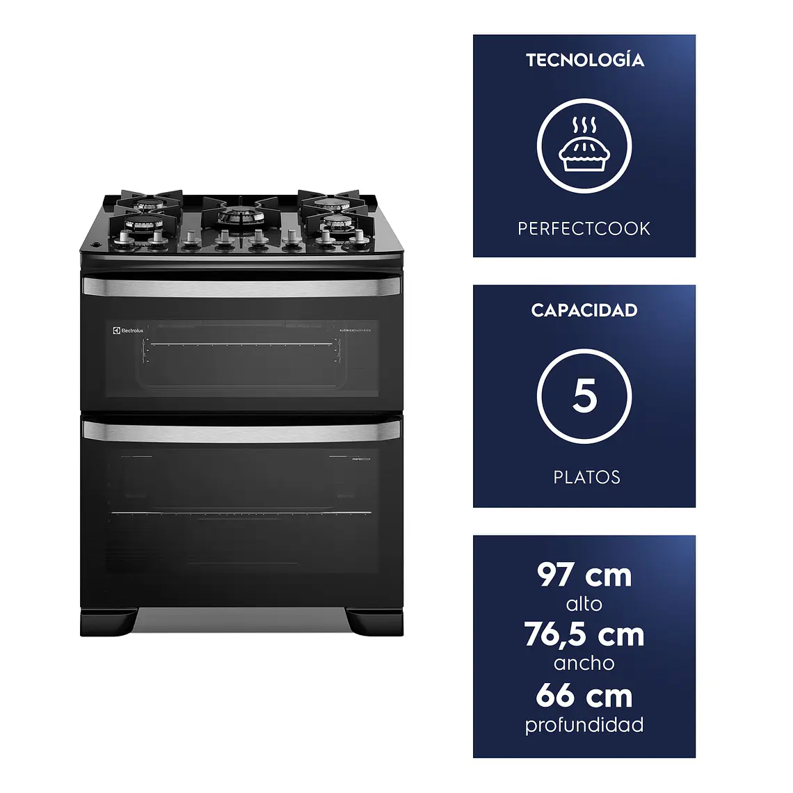 Cocina a Gas 5 Platos Electrolux Doble Horno, PerfectCook y Parrillas Hierro Fundido F5EDB Negra 8