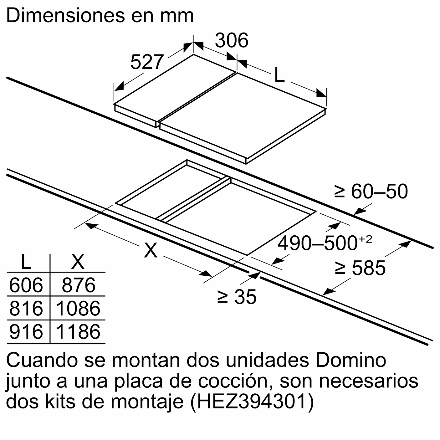 Serie 6 Placa dominó, inducción 30 cm con perfiles 7