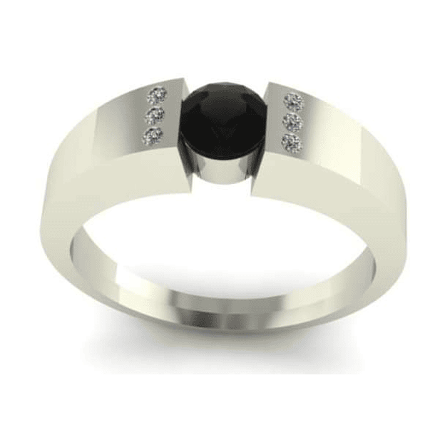 Anillo en oro blanco de 18k con salt and pepper redondo de 4.9mm, dos diamantes naturales de 2mm y cuatro diamantes negros de 2mm talla 8 1/2  