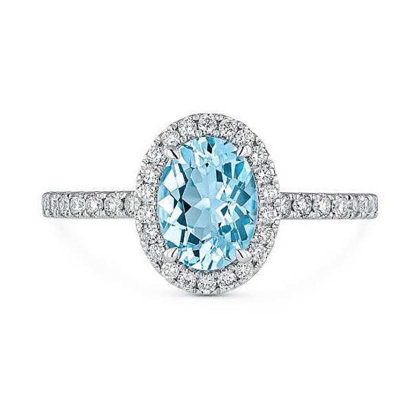 Anillo media churumbela oro blanco 14k talla 7 con aguamarina oval 10.9x9 mm y 42 moissanitas 3mm 