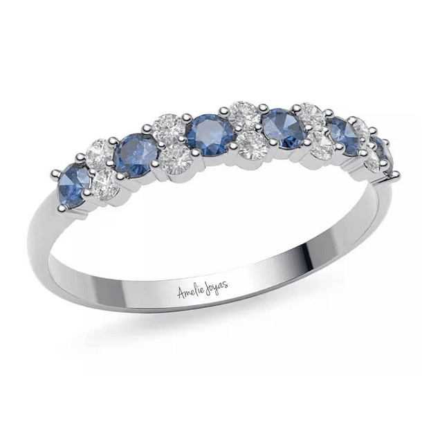 Media churumbela oro blanco 14K con moissanitas 2mm y zafiros redondos de 3x3mm 