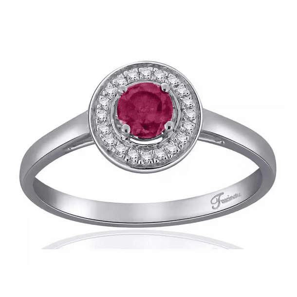 Anillo oro blanco 14K con rubí oval 9x7mm y moissanita 