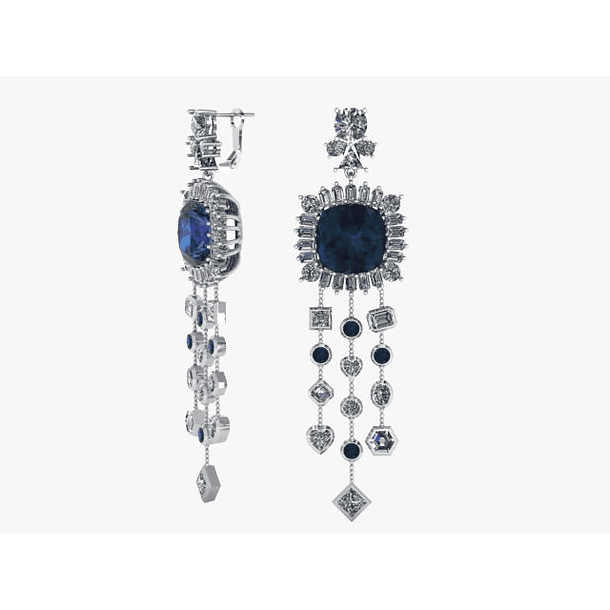 Aretes de tanzanita corte cojin, con moissanitas y zafiros en oro blanco de 14k   