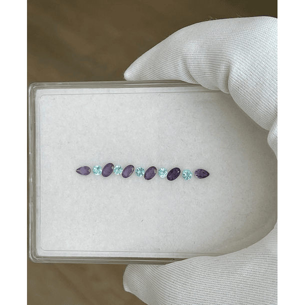 Set churumbela sky, incluye: 05 Paraibas c/redondo 3mm-04 Amatistas c/óvalo de 5x3mm-02 Amatistas c/pera 5x3mm 