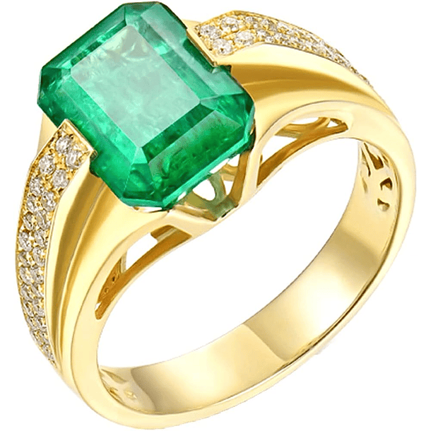 Anillo en oro amarillo de 18k con esmeralda y moissanitas  