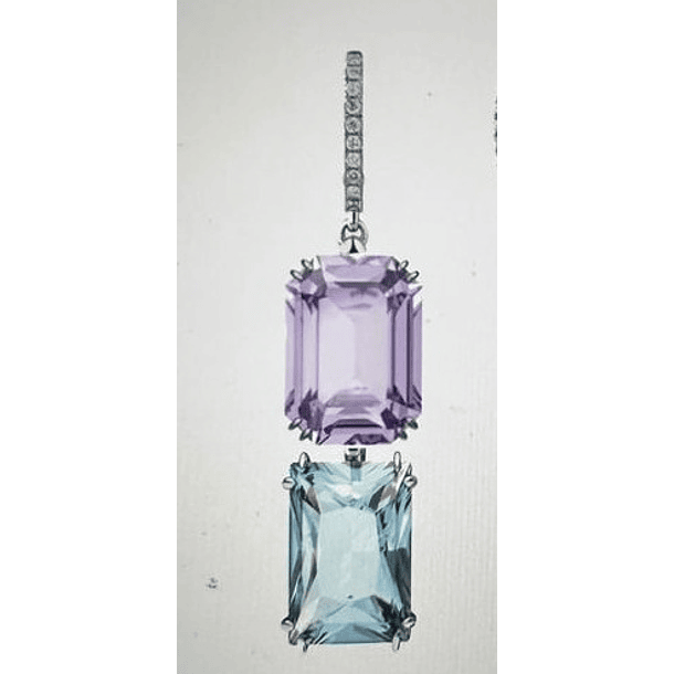 Par de aretes de amatistas con topacios suizos, y moissanitas en oro blanco de 10k  