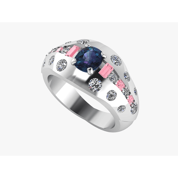 Anillo en oro blanco 18k talla 9.5 con zafiro, Rubíes y Moissanitas 